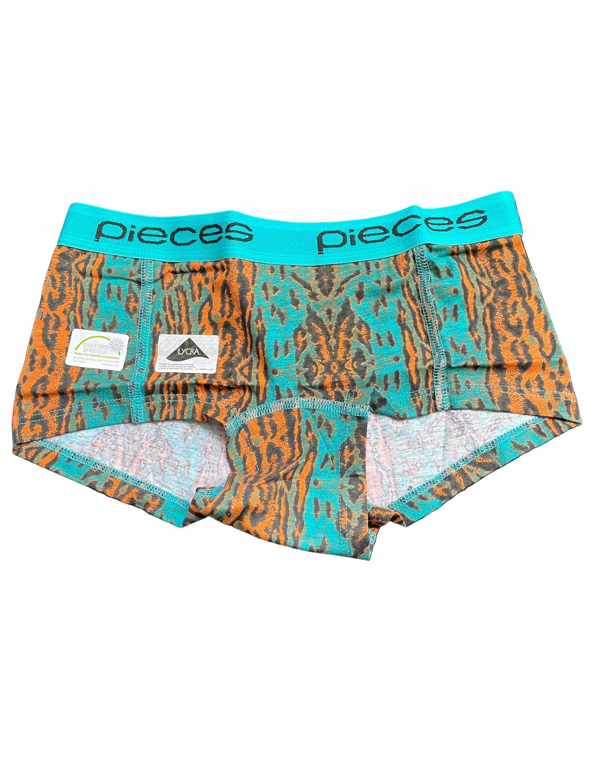BEST CLOTHES Pieces logo lady boxers in a green and orange animal print pattern with a branded turquoise waistband.